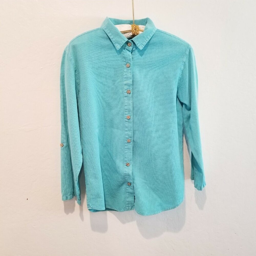 Sea Breeze Of California Women Small Button Front Top Roll Tab Shirt Cotton Blue